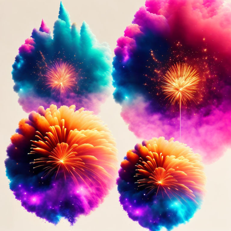 Vibrant fluffy tree-like fireworks on pastel backdrop
