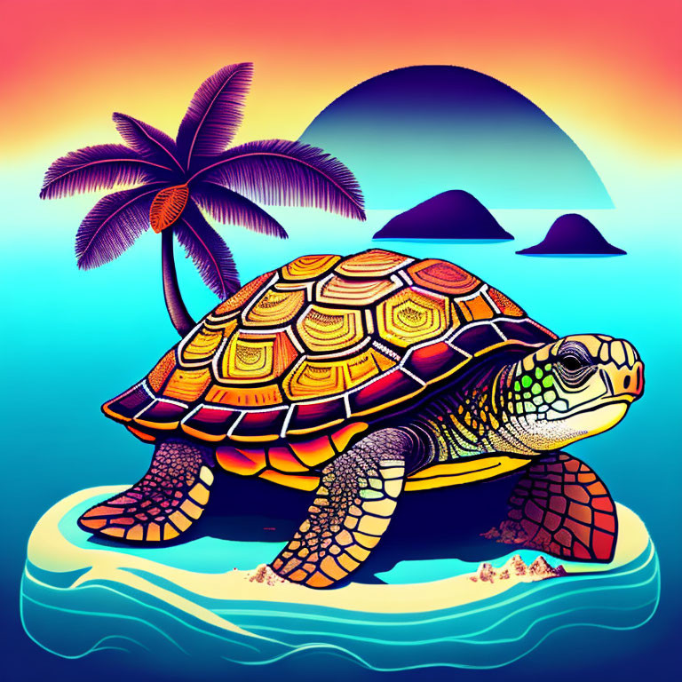 Colorful Sea Turtle Illustration with Sunset, Palm Tree, and Islands