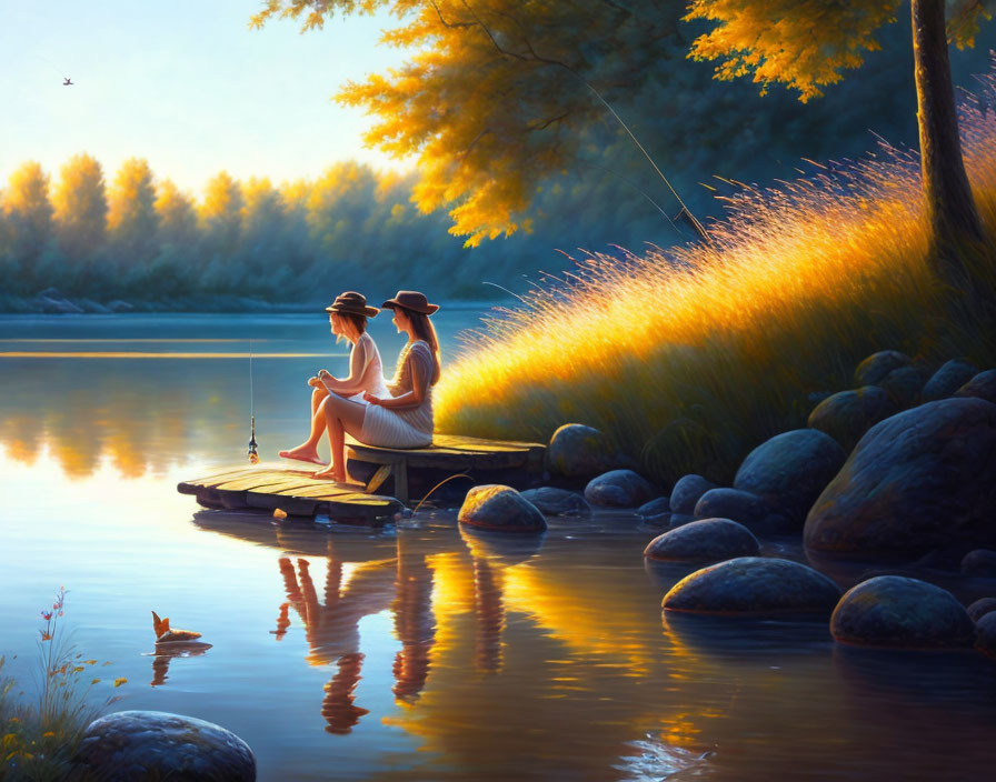 Girls fishing at the lake