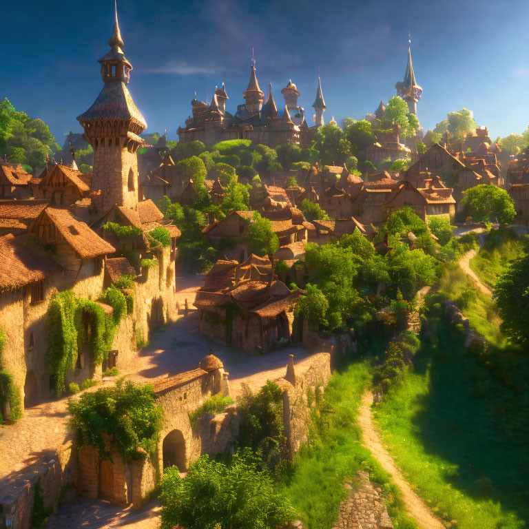 Medieval Fantasy Village with Cobblestone Paths and Towering Spires