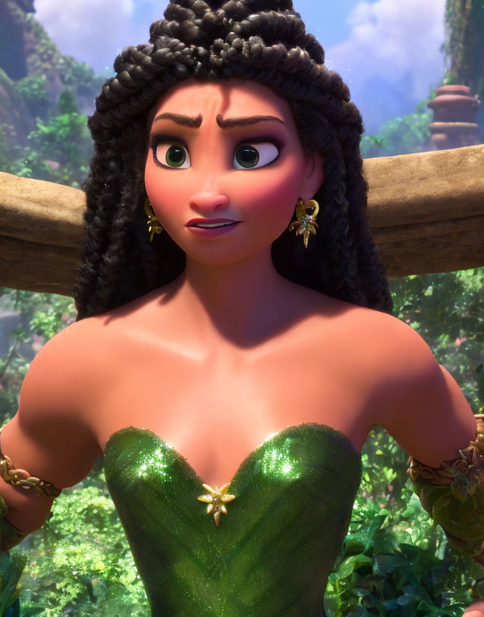 Surprised female character with braided hair in green dress in forest