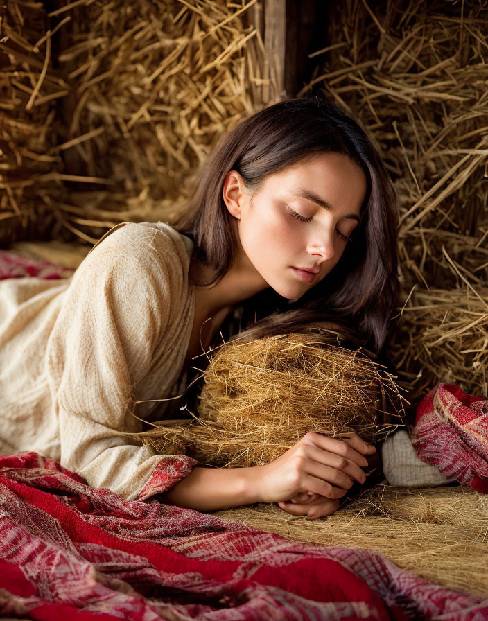 Peasant girl sleeping in the hay inside a stable