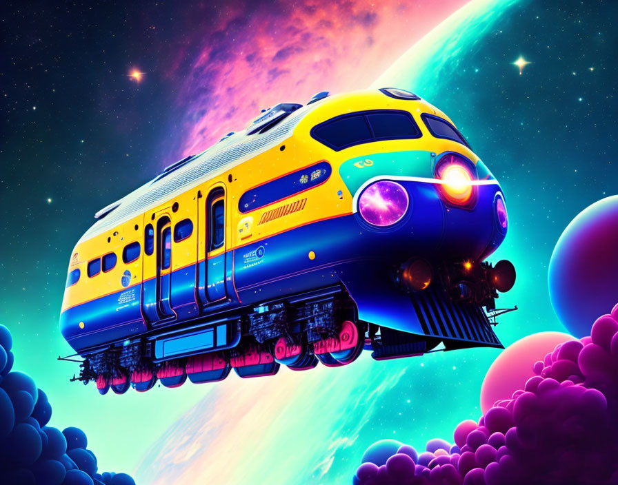 Colorful futuristic train in space with glowing windows and whimsical clouds