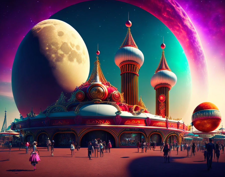 Colorful Sci-Fi Amusement Park with Moons and Planets