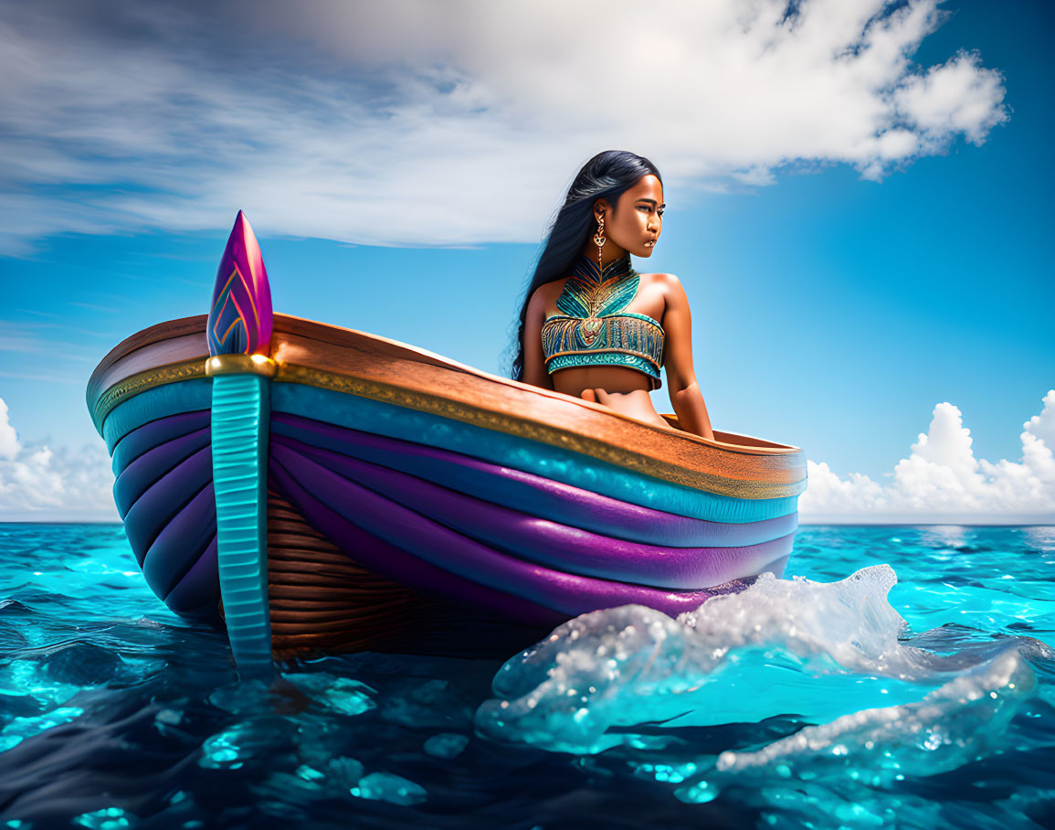 Beautiful Polynesian girl in the middle of the sea