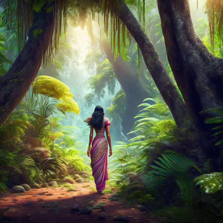 Woman in Purple Saree Walking Through Sunlit Green Forest