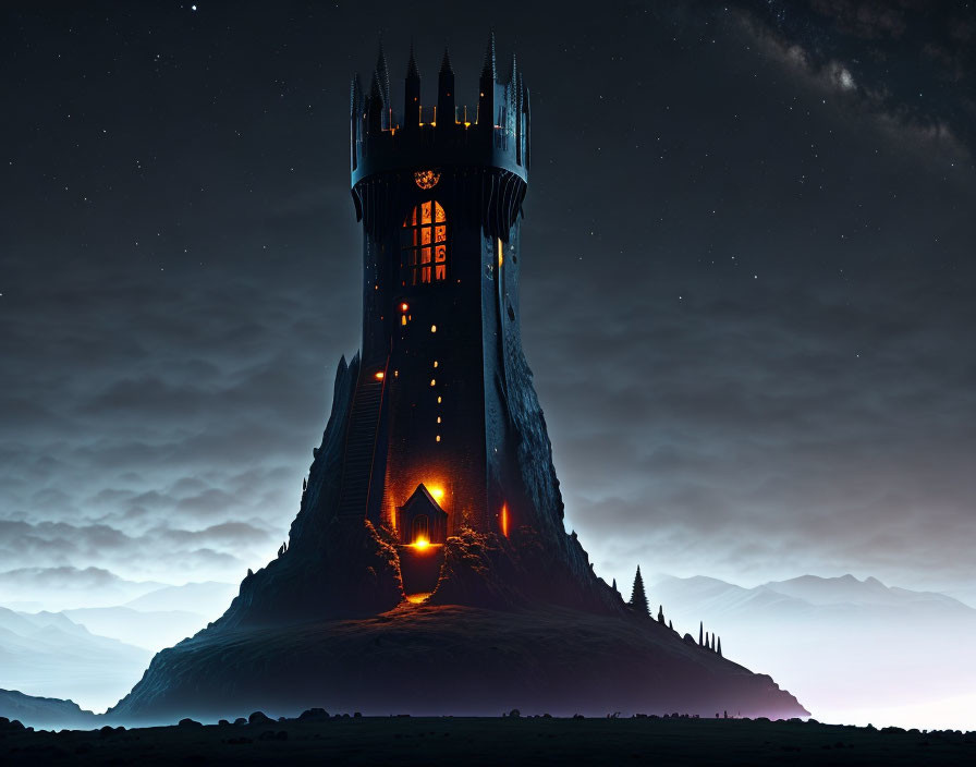 Gothic castle on hill under starry night sky