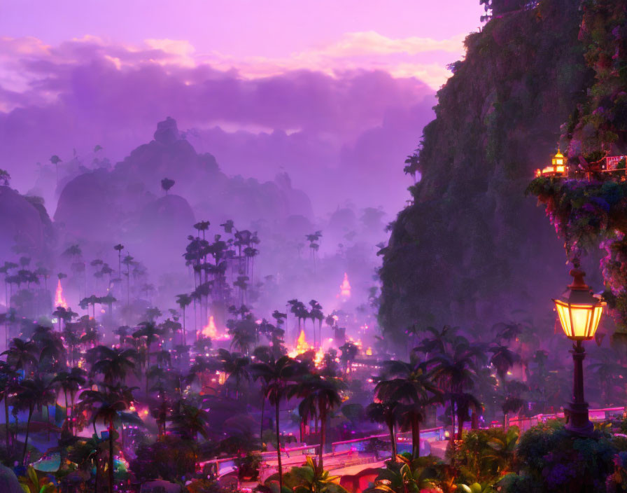 Mystical twilight scene with illuminated buildings on tropical cliffs