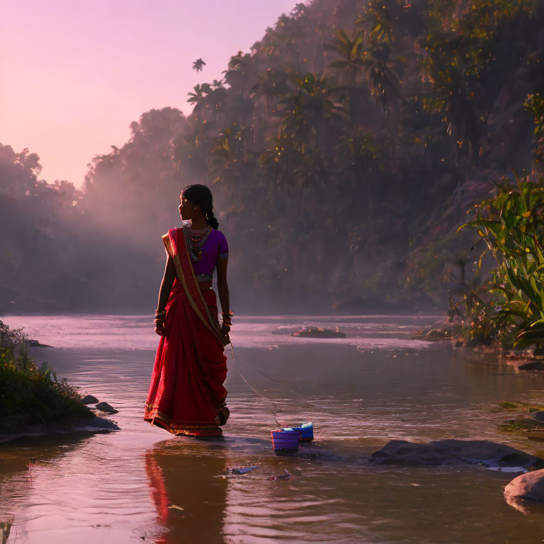 Woman in Red Saree by River at Sunrise with Greenery and Blue Bucket