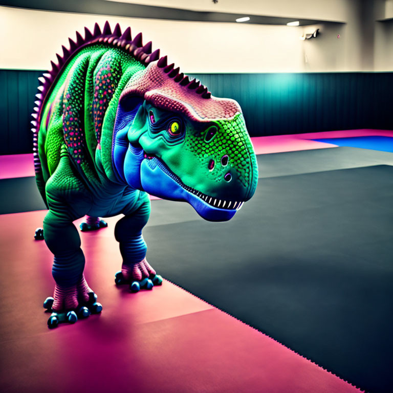 Colorful computer-generated dinosaur in purple-spiked room