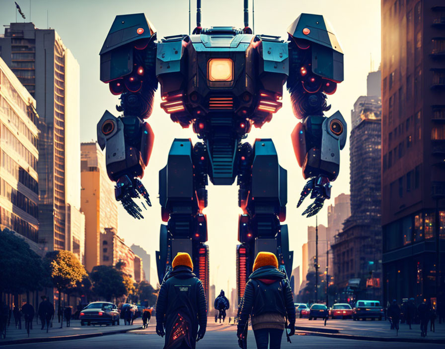 Giant robot in city street at dusk with two people walking.