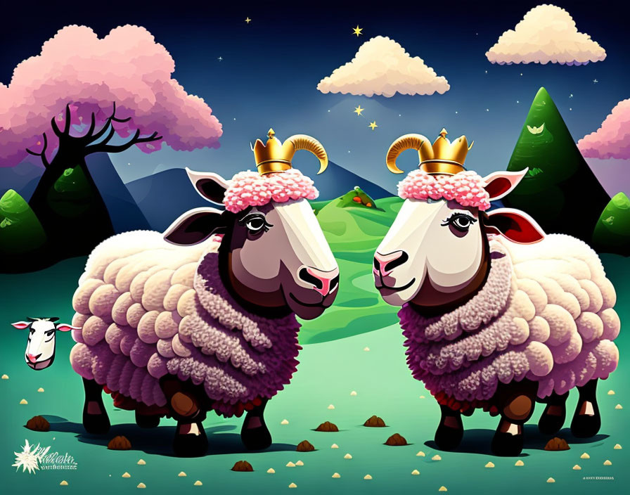 Cartoon sheep with golden crowns in stylized landscape.
