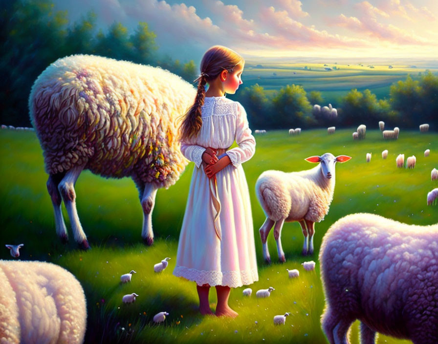 Barefoot shepherdess girl among the flock of sheep