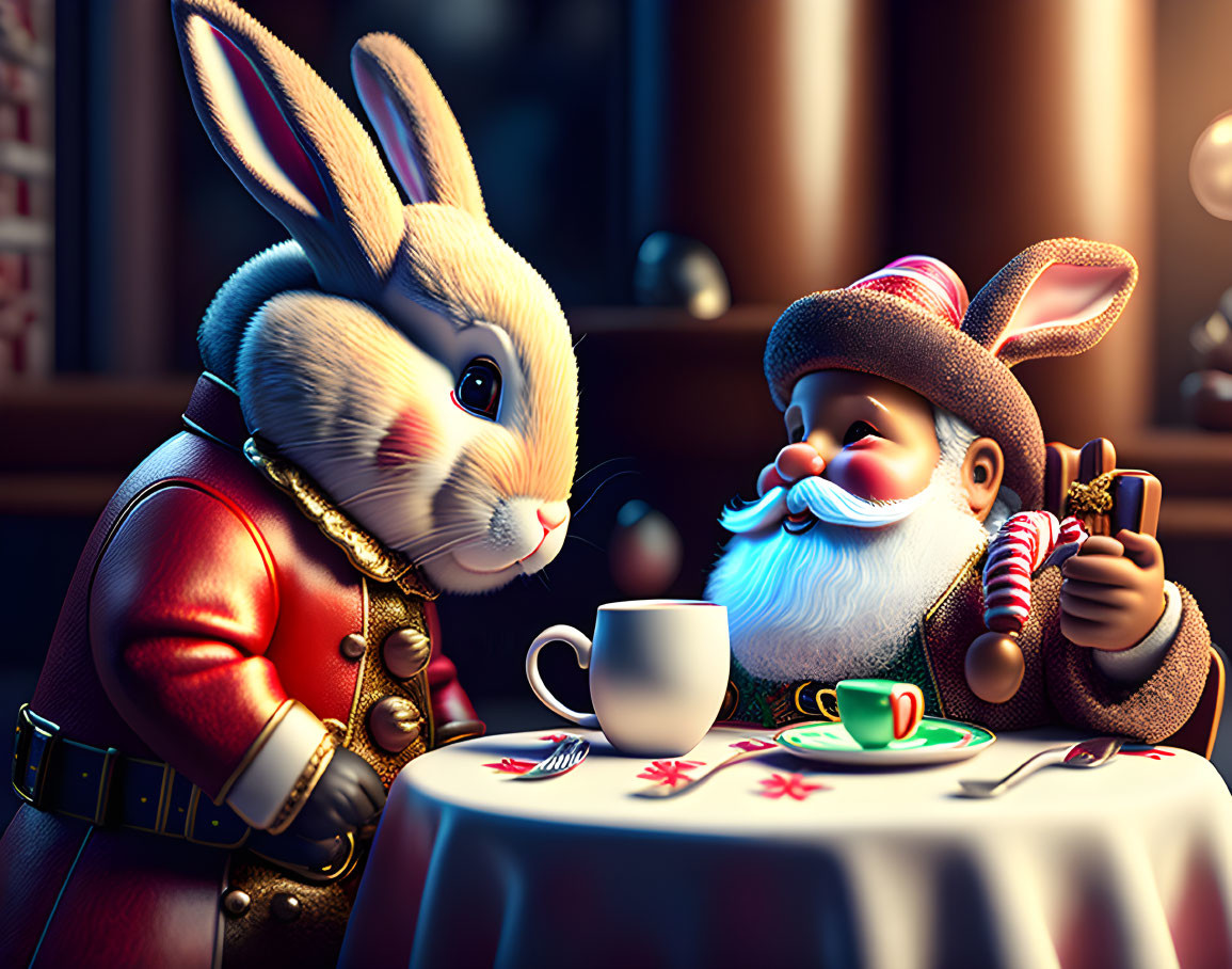 santa claus and the easter bunny at the cafe