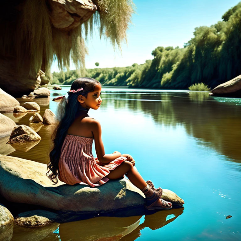 Girl with Long Hair Sitting by Tranquil River Surrounded by Greenery