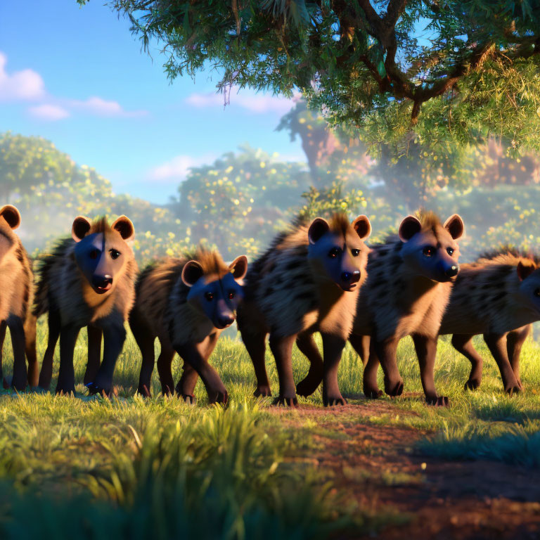 Pack of hyenas in hunting gear