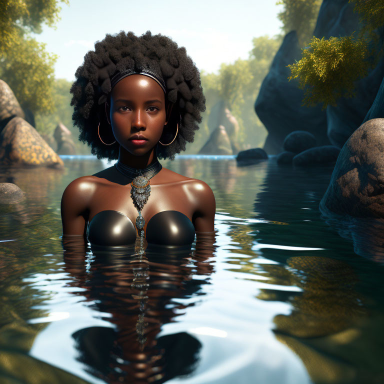 Dark-skin Magician Girl in the river water