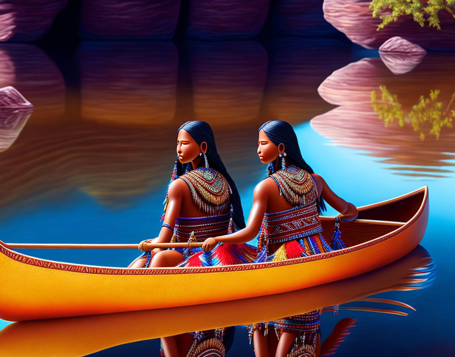 Native American girls canoeing across a river