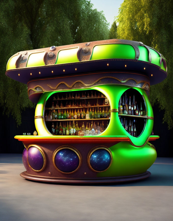 Futuristic outdoor bar with cosmic motifs and glowing orbs at dusk