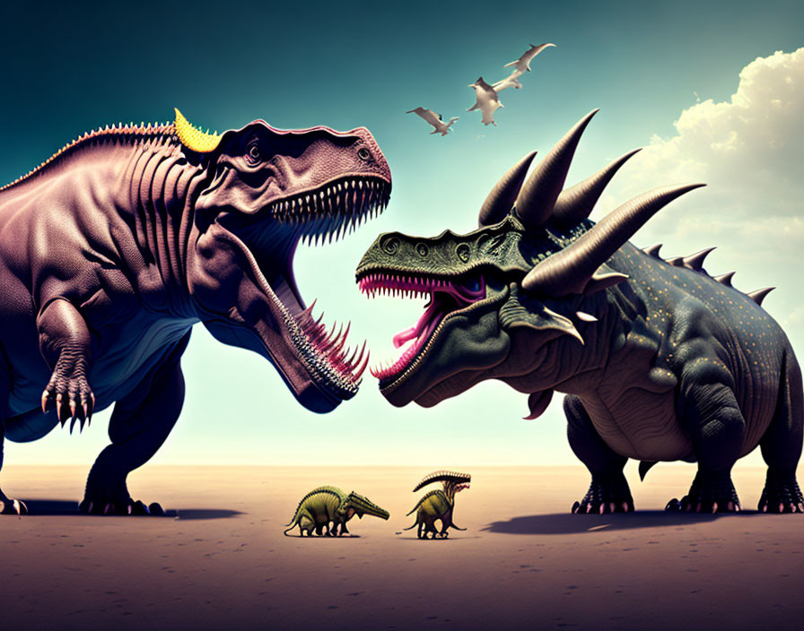 Illustrated dinosaurs in dramatic sky scene.