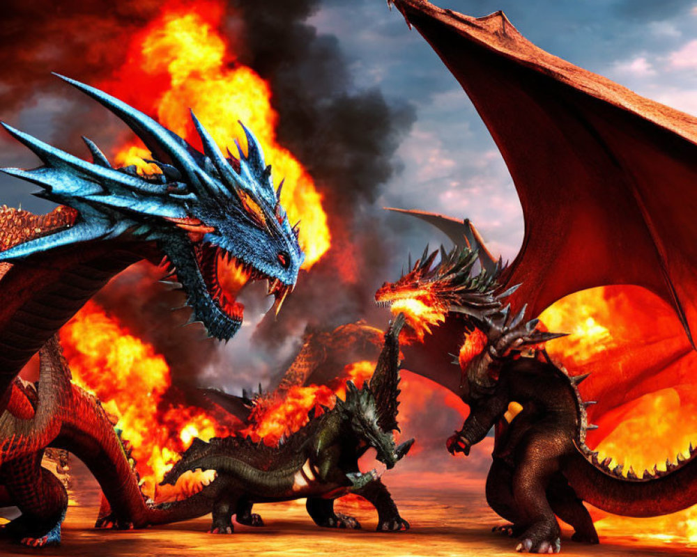 Two fierce dragons in fiery battle under dramatic sky