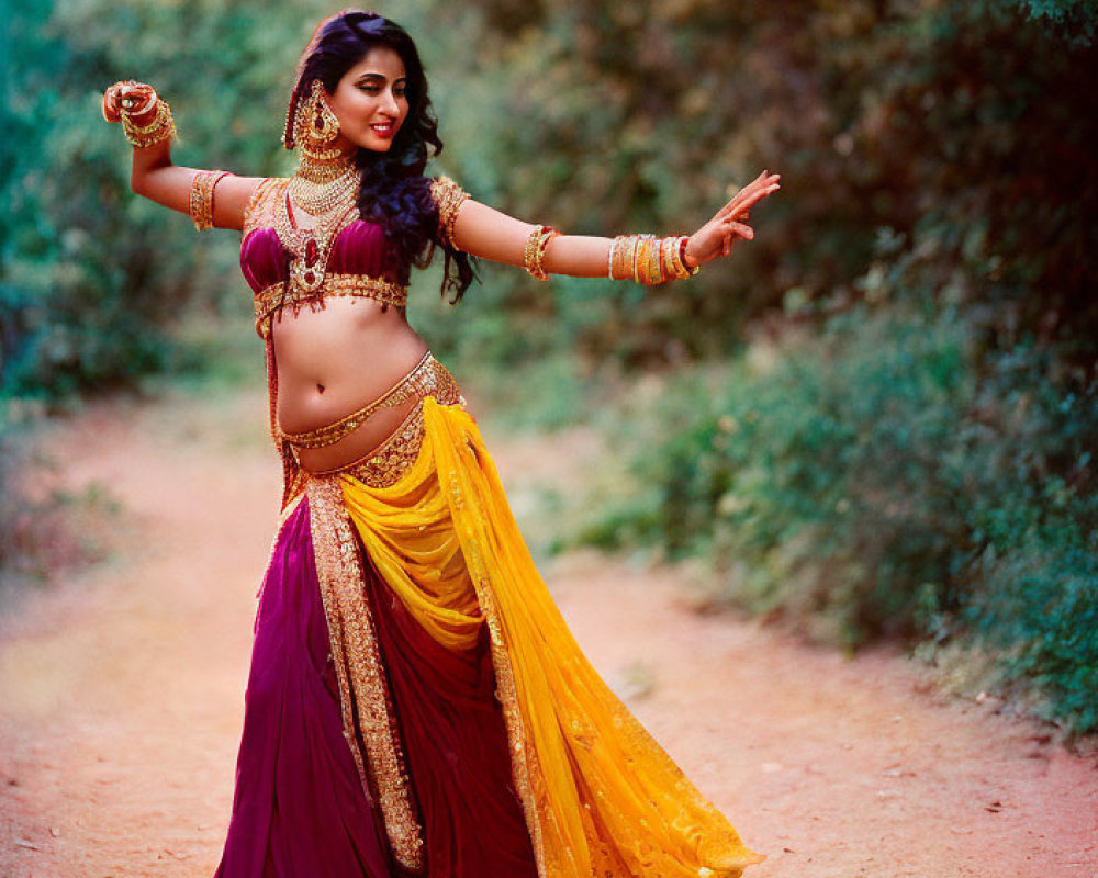 Traditional Indian Attire Woman Dancing in Forest Pathway