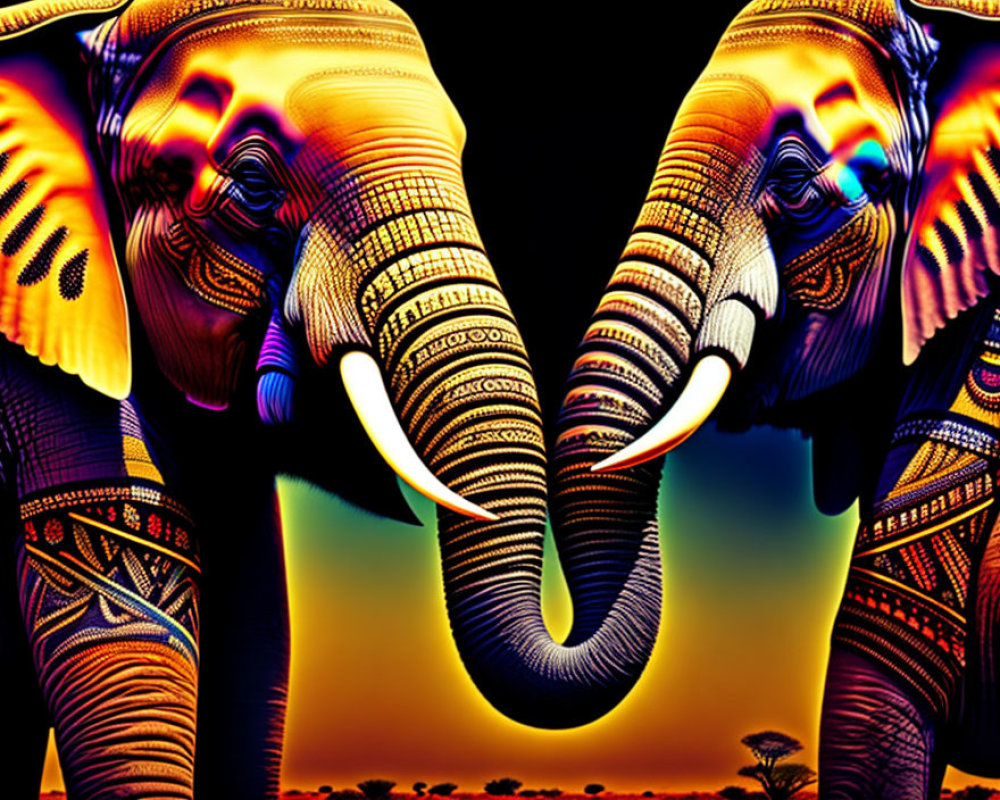 Colorful mirror-image elephants with intricate patterns on skin against warm sunset background.