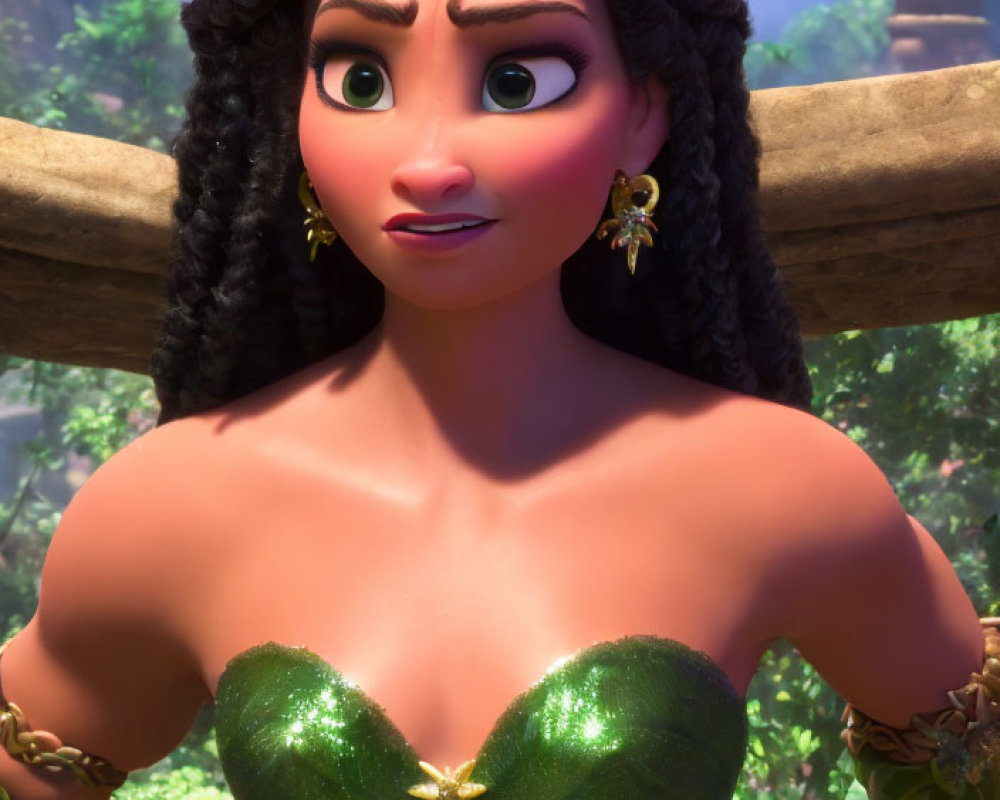 Surprised female character with braided hair in green dress in forest