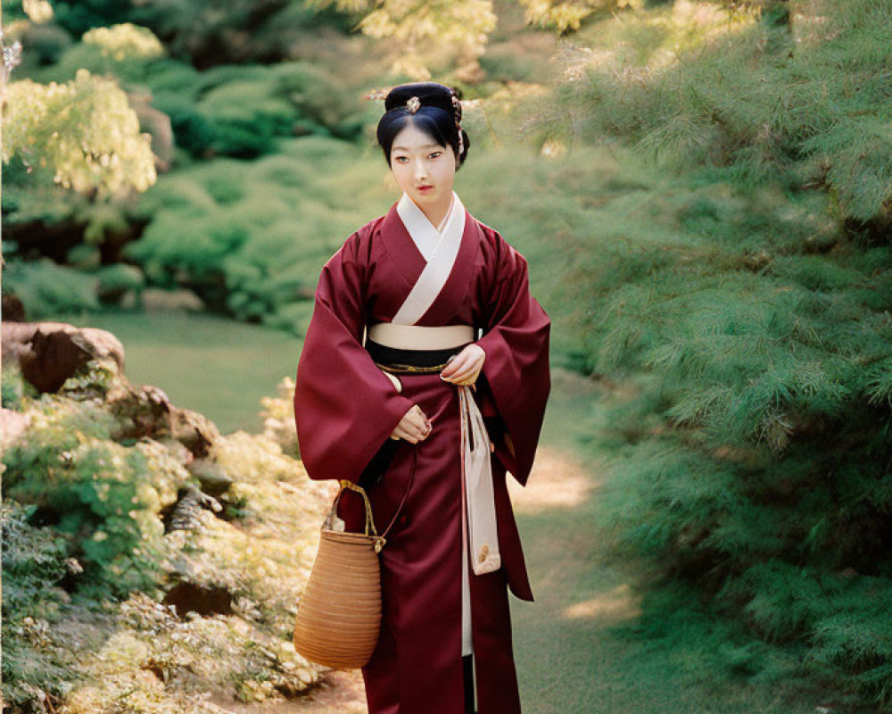 Traditional Japanese woman in lush greenery holding a basket