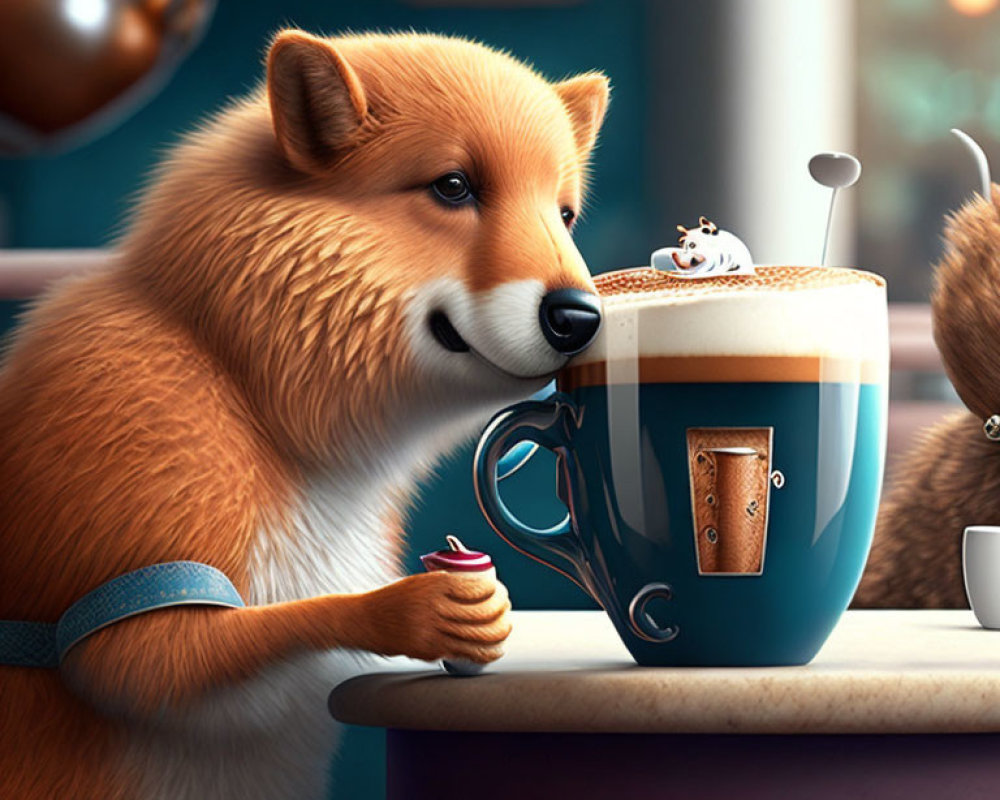 Stylized fox with coffee cup and foam art in whimsical scene