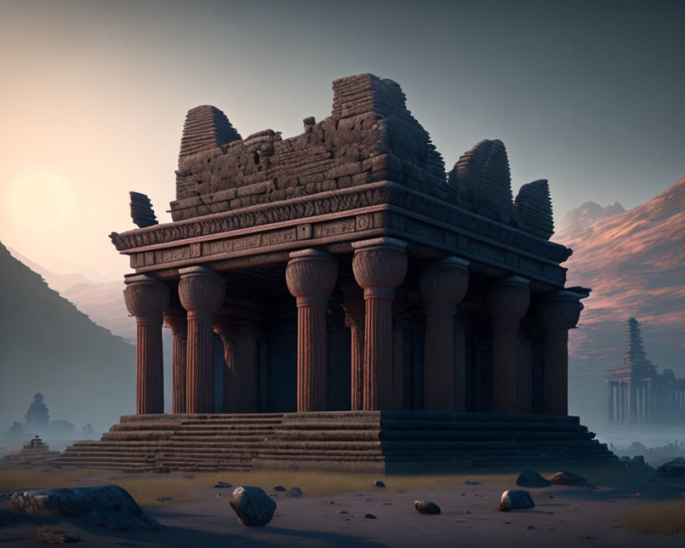 Ancient Temple with Ornate Columns in Warm Sunset Glow