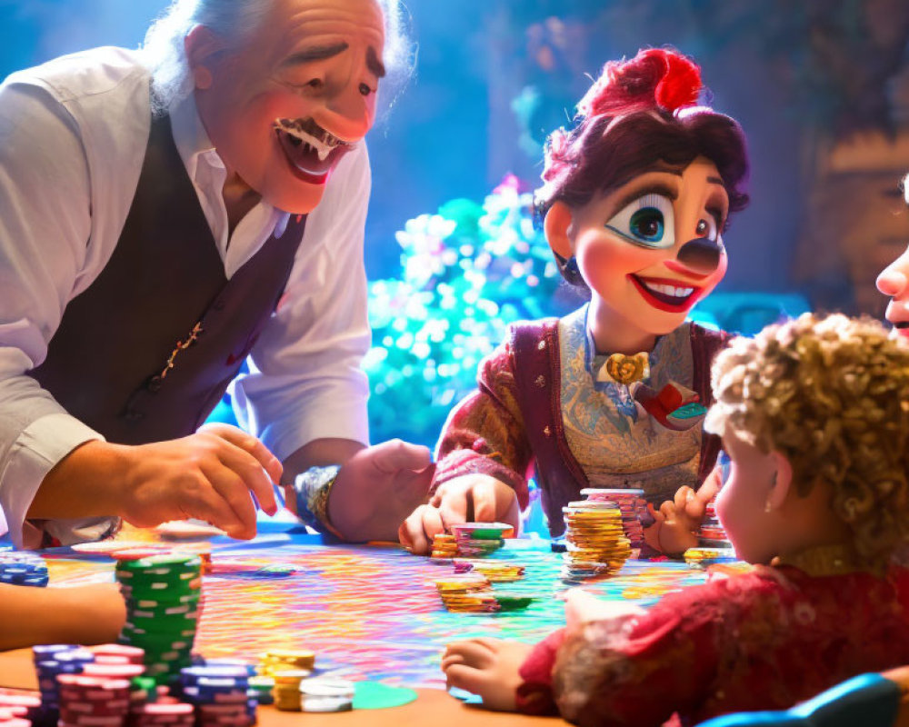 Colorful animated characters at a gambling table with chips - elderly man and female puppet in lively game