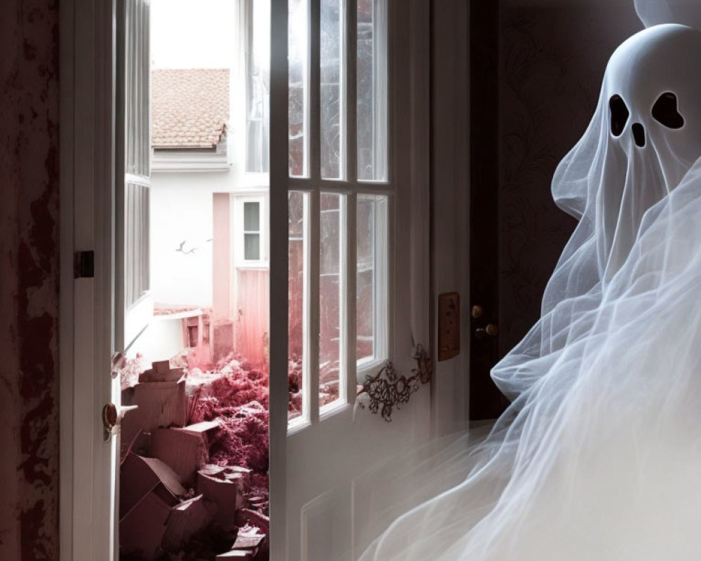 Ghostly Figure in White Sheet by Open Window with Pink Debris