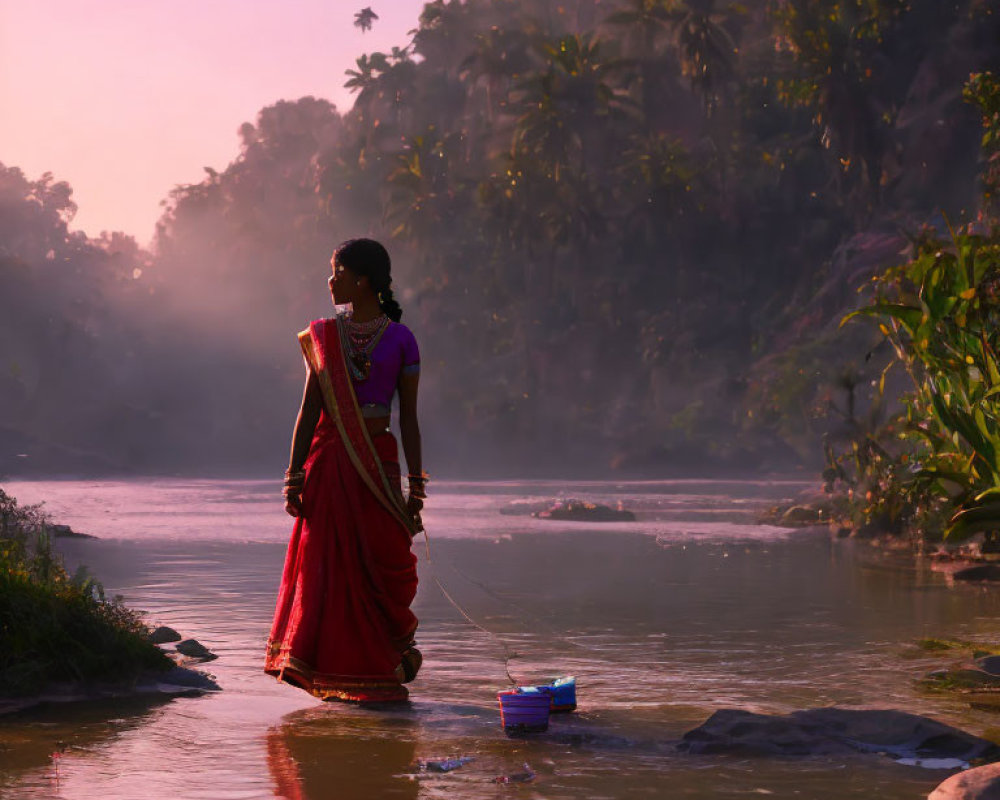 Woman in Red Saree by River at Sunrise with Greenery and Blue Bucket