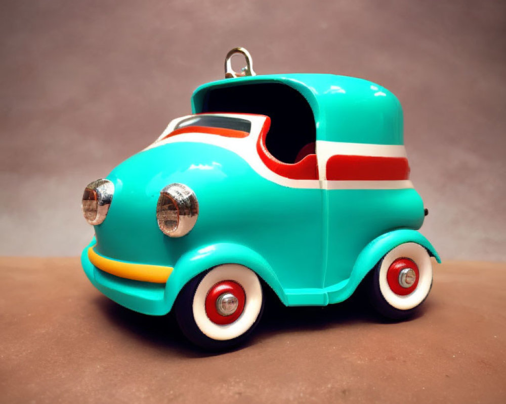 Vintage Turquoise Toy Car with Red and White Stripes and Chrome-like Headlights
