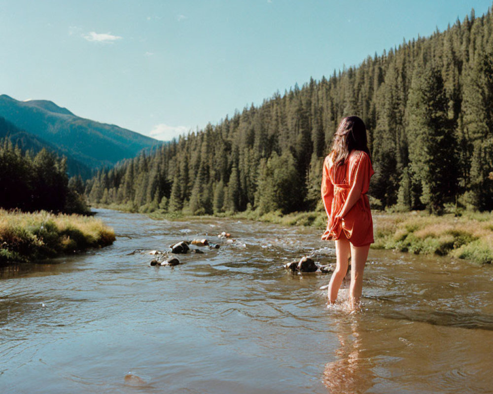 Woman in Red Dress Standing in River Amid Mountain Landscape