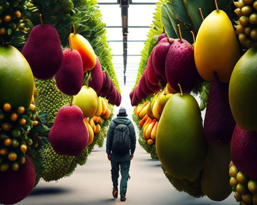 Surreal path with oversized hanging fruits under bright ceiling