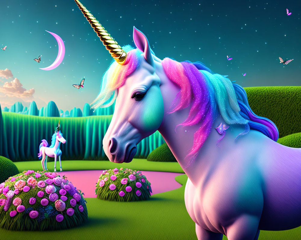 Colorful unicorns in lush fantasy landscape with purple skies