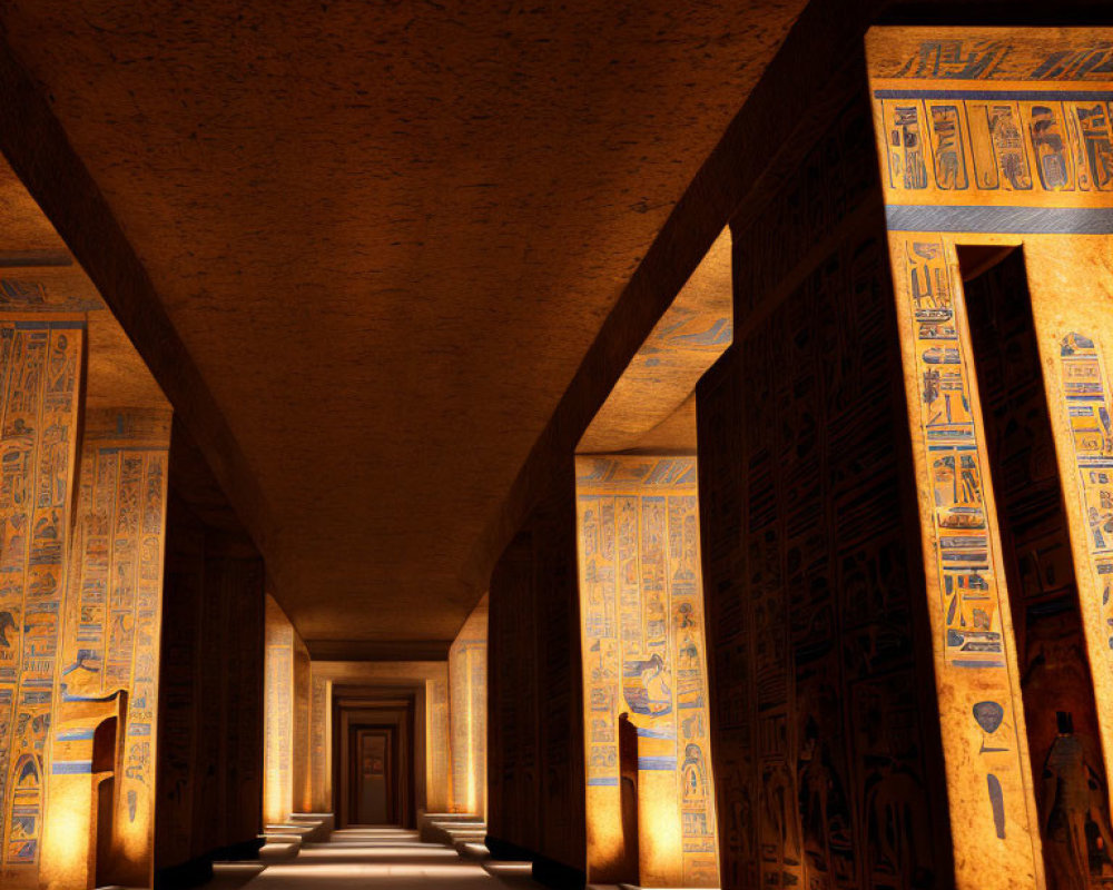 Ancient Egyptian temple hallway with hieroglyphics and carvings