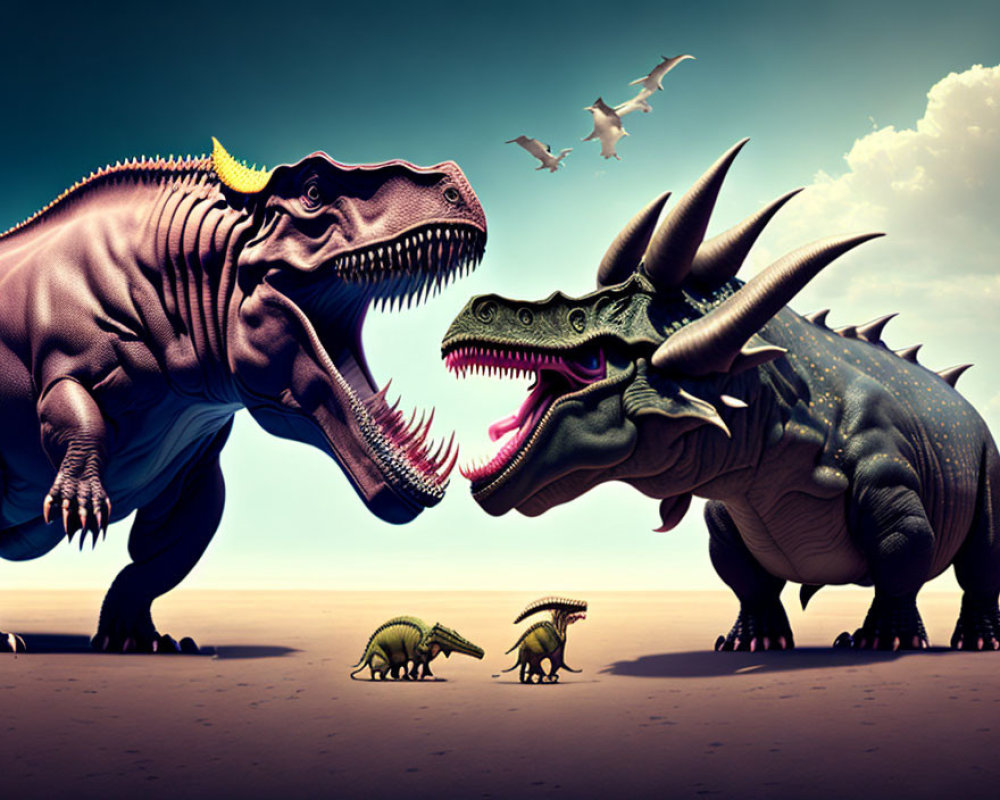 Illustrated dinosaurs in dramatic sky scene.