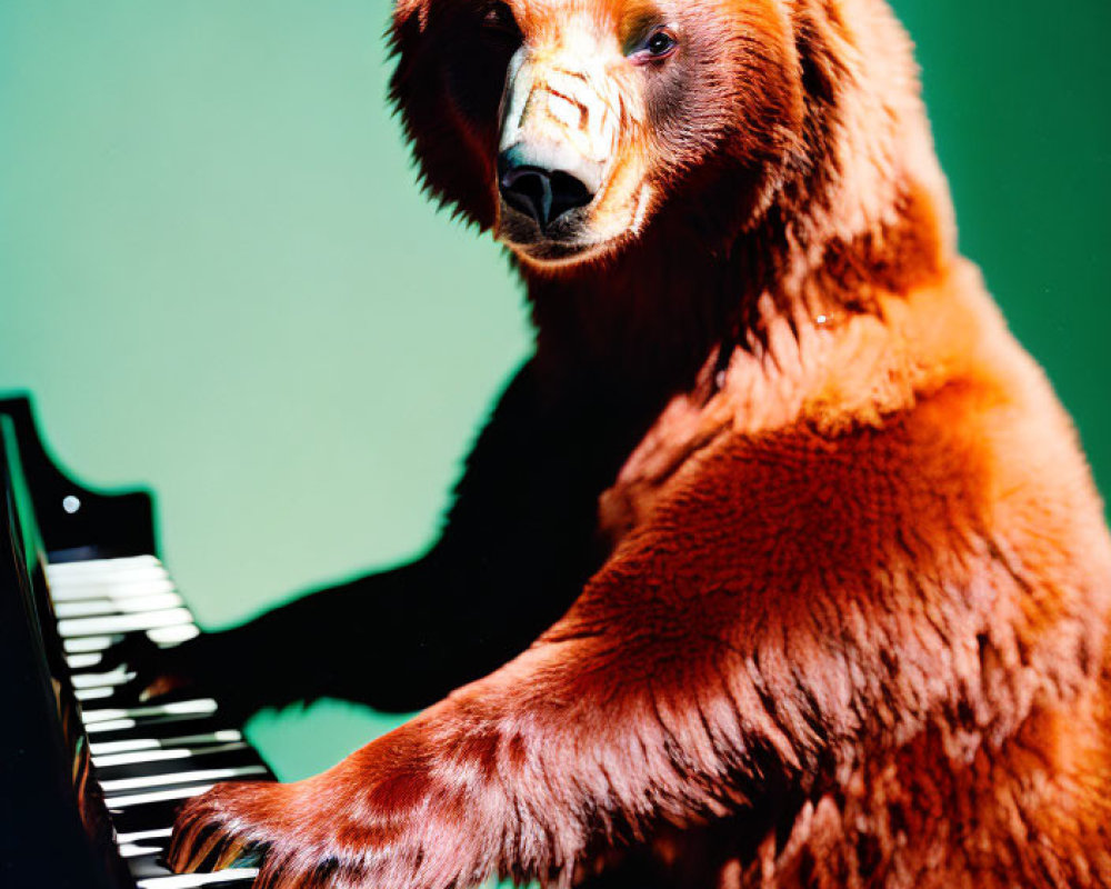 Brown Bear Playing Piano Against Green Background