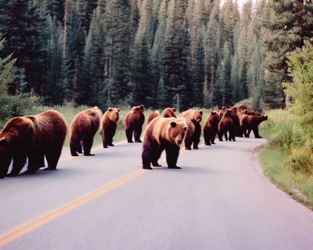 Brown bears walking on forest road with one facing camera
