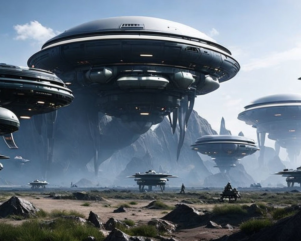 Futuristic landscape with floating cities and flying vehicles above rocky terrain