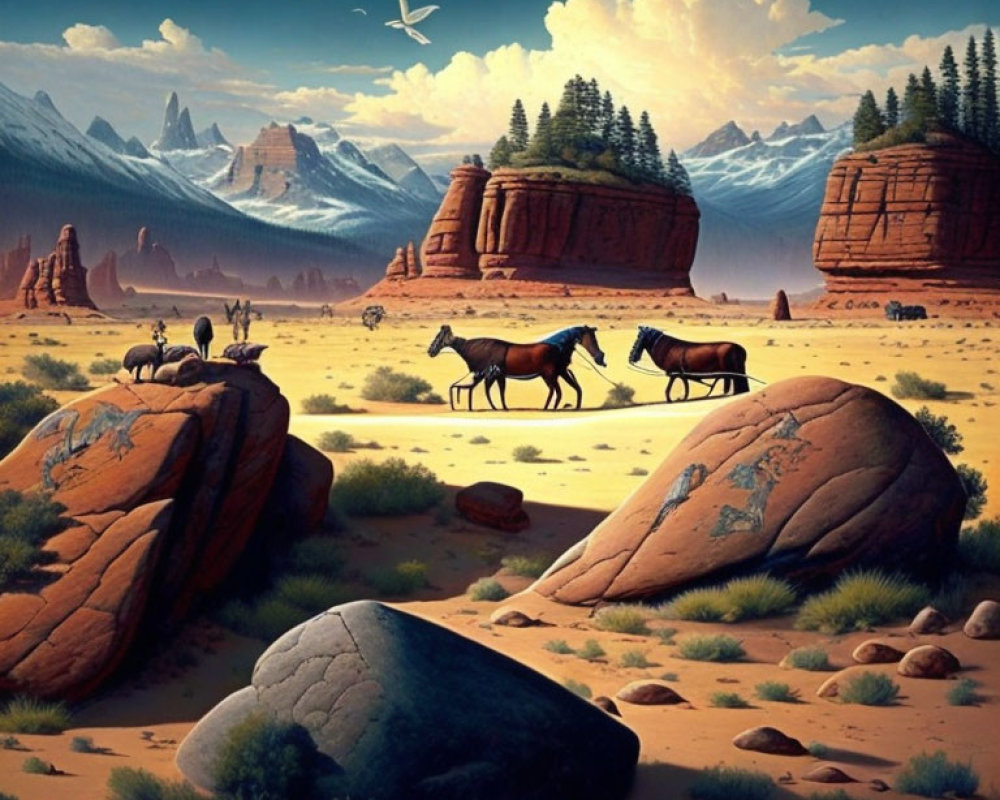 Desert landscape with horses, antelopes, rocks, mountains, and bird