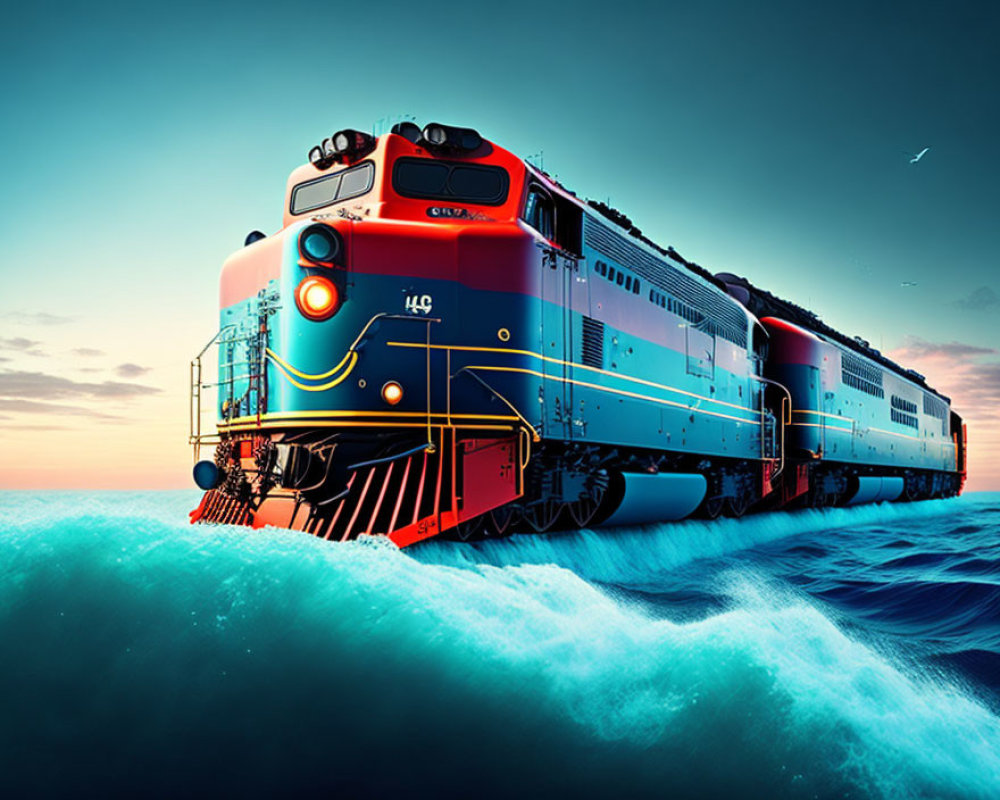 Colorful Train Crossing Ocean Waves at Sunset