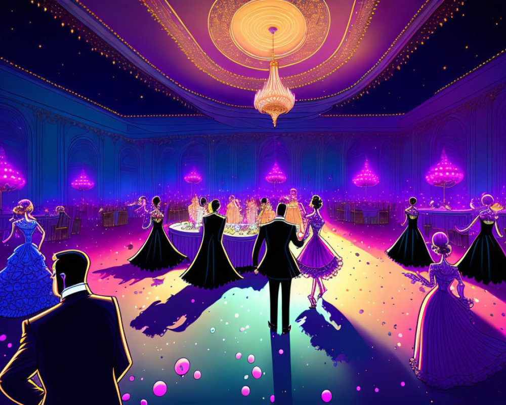 Opulent ballroom scene with elegantly dressed couples dancing under grand chandelier in vibrant purple and blue