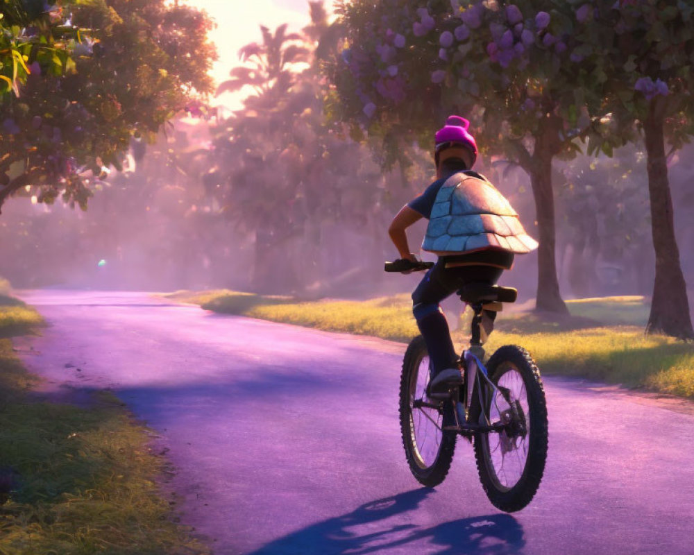 Person in Pink Helmet Riding Bicycle on Purple Path with Fruit Trees at Sunrise