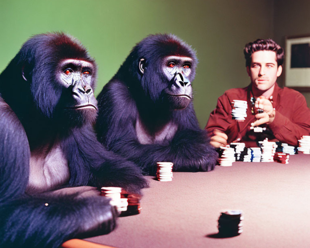 Gorillas and man playing poker in dimly lit room