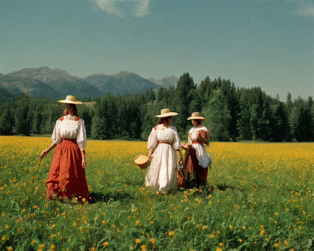 Vintage Dresses and Straw Hats in Yellow Flower Field