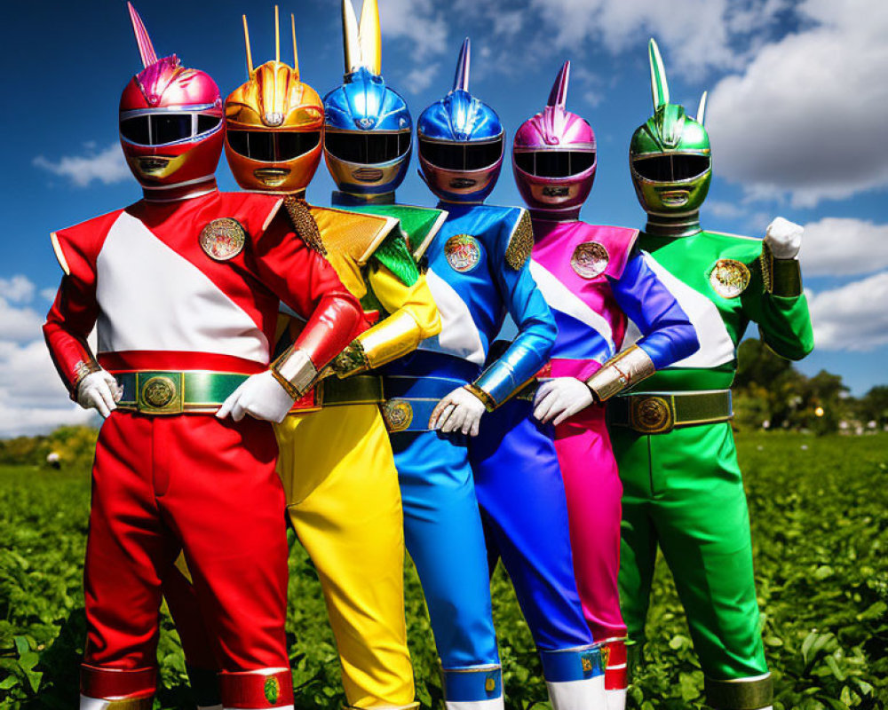 Colorful Power Rangers Costumes Posed Under Blue Sky